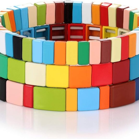 Jewelry - Tile Bracelets Enamel Rainbow Tile Bead Bracelets Colorblock Stackable Stretch B